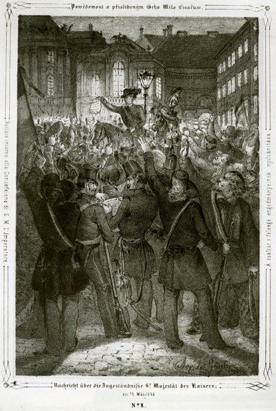 Konstytucja cesarza Ferdynanda jest odczytywana na placu Michaeler przed Pałacem Cesarskim. autorstwa Erich Lessing