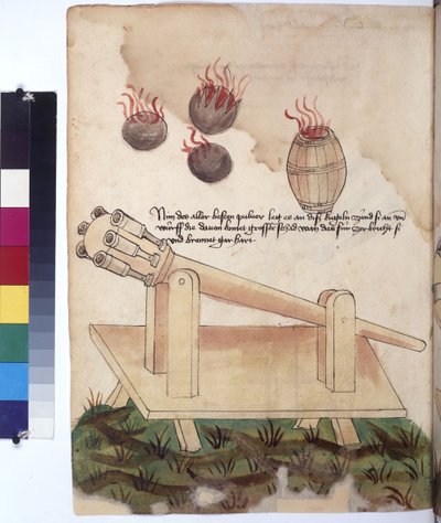 Cała strona: armata, kule armatnie i beczka prochu, z napisem, ok. 1430 r. (rysunek kolorowym piórem) autorstwa Erich Lessing