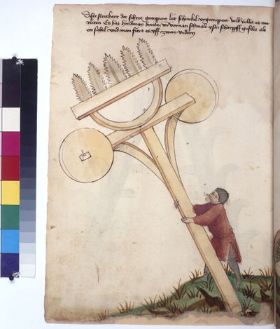 Cała strona: rydwan z piłami z przodu, ok. 1430 r. (rysunek kolorowym piórem) autorstwa Erich Lessing