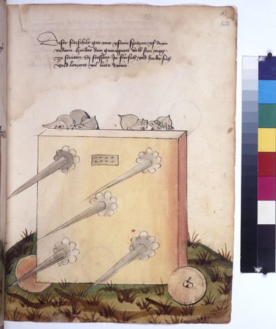 Cała strona: ruchoma gwardia z włóczniami i żołnierzami w zbrojach z tyłu, ok. 1430 r. (rysunek kolorowym piórem) autorstwa Erich Lessing