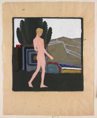 Stojący mężczyzna w pejzażu, ok. 1914 (gwasz na papierze) autorstwa Erich Mallina
