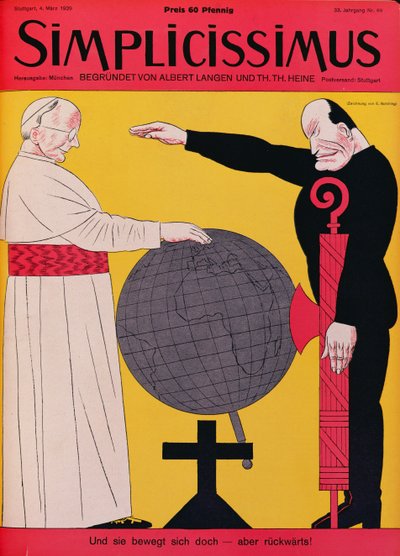 Papież Pius XI (1857-1939) i Mussolini (1883-1945) w czasie traktatu laterańskiego 1929, ilustracja na okładce magazynu „Simplicissimus”, 4 marca 1929 (kolor lito) autorstwa Erich Schilling