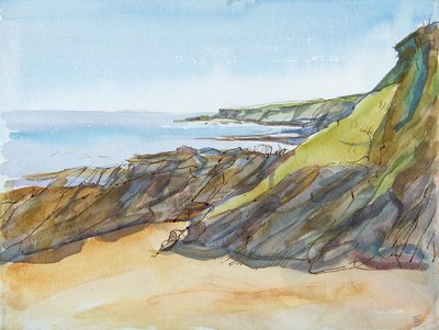 Rocky Beach on the Roseland (pióro i atrament i toaleta na papierze) autorstwa Erin Townsend
