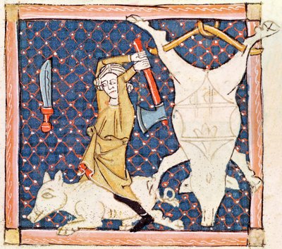 Fol.59v Grudzień: Zabijanie świń (pergamin) autorstwa Ermengaut Matfre