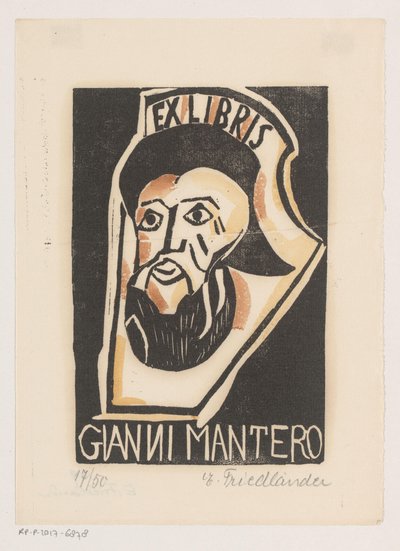 Ekslibris van Gianni Mantero autorstwa Erna Levy Friedländer (signed by artist)