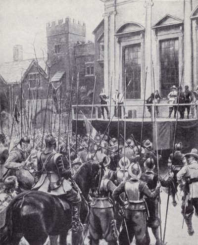 Egzekucja króla Karola I przed Bankietowym Domem w Whitehall, Londyn, 30 stycznia 1649 (lito) autorstwa Ernest (after) Crofts