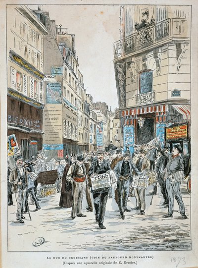 Francja, Paryż, sprzedawca gazet w rue du Croissant na rogu rue du Faubourg Montmartre w Paryżu przez Ernesta Greniera, druk z akwareli autorstwa Ernest (after) Grenier