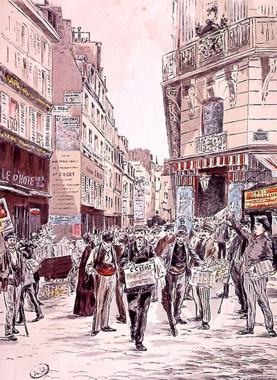 sprzedawcy gazet na ulicach Paryża w 1893 r., rycina autorstwa Ernest (after) Grenier
