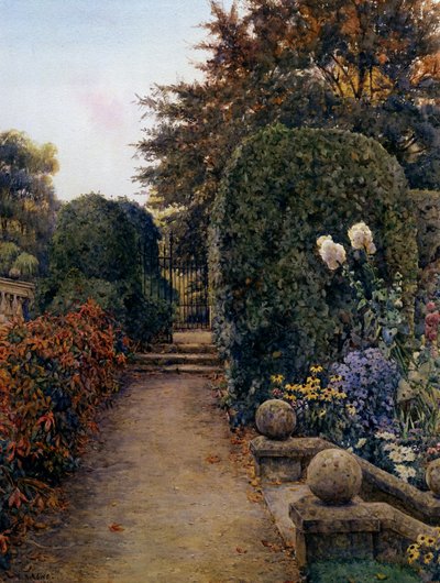 Ogród mistrza, Clare College, Cambridge, Anglia. Jardin fleuri avec balcon et escalier. Peinture de E. Arthur Rowe (-1922 British) Collection privee autorstwa Ernest Arthur Rowe
