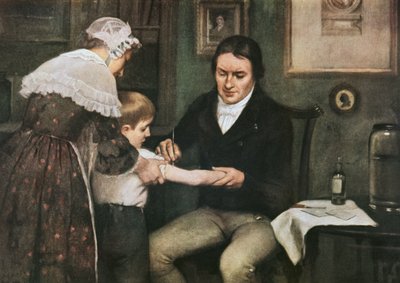 Dr Edward Jenner (1749-1823) wykonujący swoje pierwsze szczepienie przeciwko ospie na Jamesie Phippsie, ośmioletnim chłopcu, 14 maja autorstwa Ernest Board