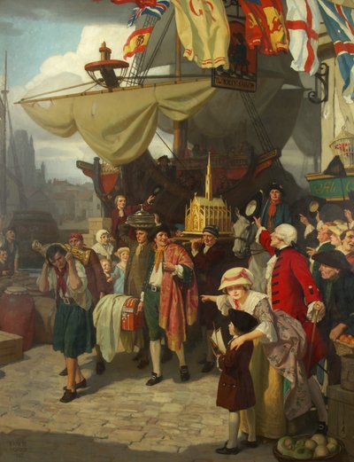 Rozładunek dwóch przechwyconych hiszpańskich statków skarbowych w Bristolu we wrześniu 1745 r autorstwa Ernest Board