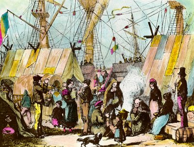 Rodziny emigrantów obozowały w porcie Le Havre. Grawer Ernesta Chartona (1813-1905) Grawer XIX-wiecznej kolekcji prywatnej autorstwa Ernest Charton