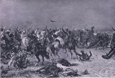 Szarża Kings Own Light Dragons w Mudkach, ilustracja z brytyjskich bitew na lądzie i morzu, 1915 autorstwa Ernest Crofts