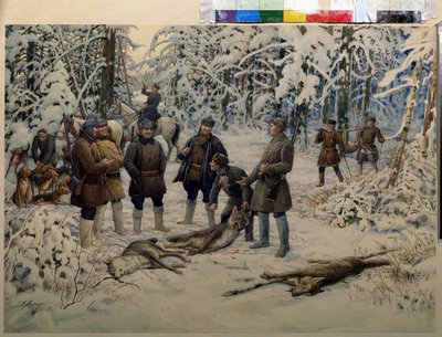Po udanym polowaniu. Grupy myśliwych łapią zwierzynę łowną (wilki) na sygnał jeźdźca dmącego w róg. Obraz Ernesta Ernestovicha Lissnera (1874-1941), olej na płótnie autorstwa Ernest Ernestovich Lissner