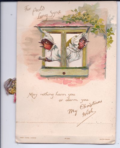Wiktoriańska kartka świąteczna przedstawiająca dwóch złodziei w nocnych ubraniach wyglądających przez okno na alarm, ok. 1880 r. autorstwa Ernest Henry Griset