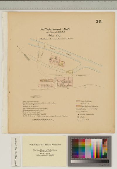Plan dla Hillsborough Mill, Middletown Township, Delware, ilustracja z „Hexamer General Surveys” (pióro i atrament z praniem na papierze) autorstwa Ernest Hexamer