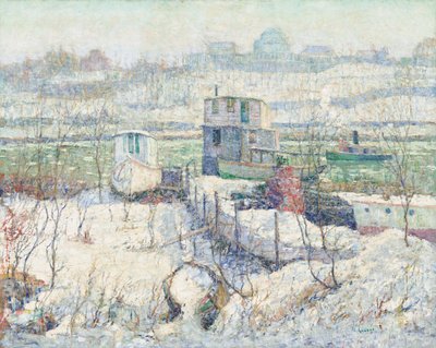 Boathouse, zima, rzeka Harlem, ok. 1916 (olej na płótnie) autorstwa Ernest Lawson