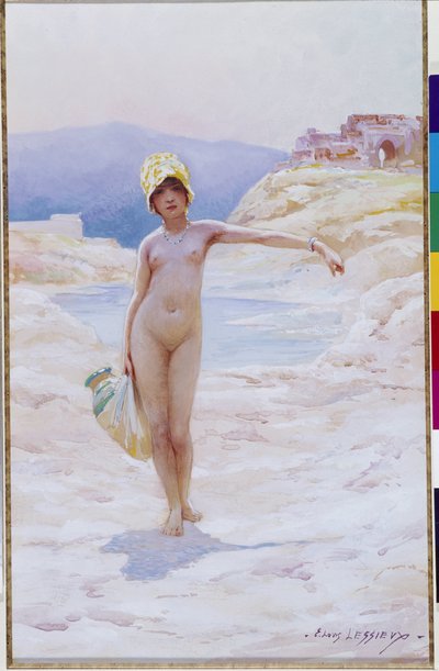 Algierski dziewczyna ma dzbanek A naga dziewczyna ubrana w kapelusz ubrana w dzbanek wody w pobli?u ?ród?a wody oazy na pustyni. Akwarela Louisa Ernesta Lessieux (1874-1925) Obowiązkowa wzmianka: Collection fondation faith de Provence, Marseille autorstwa Ernest Louis Lessieux