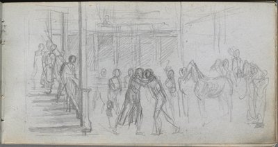 Szkicownik, strona 62: Studium postaci, schody, koń. autorstwa Jean Louis Ernest Meissonier