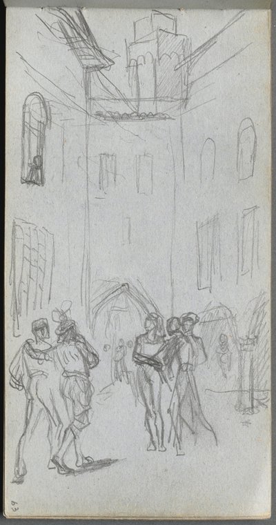 Szkicownik, strona 63: Postacie na dziedzińcu. autorstwa Jean Louis Ernest Meissonier