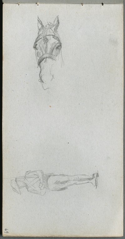 Szkicownik, strona 69: Studium ręki, konia i figury. autorstwa Jean Louis Ernest Meissonier