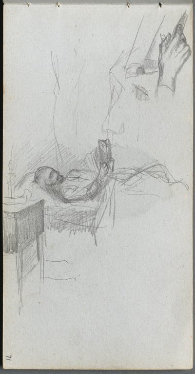 Szkicownik, strona 71: Studium czytania postaci w łóżku, Studium ręki. autorstwa Jean Louis Ernest Meissonier