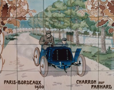 Charron prowadzący samochód Panhard w wyścigu z Paryża do Bordeaux w 1900 roku: płytki ceramiczne wyprodukowane przez Gilardoni Fils et Cie z Paryża, według rysunku Ernesta Montauta (1878-1909). autorstwa Ernest Montaut