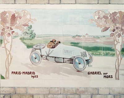 Gabriel prowadzący samochód Mors w wyścigu z Paryża do Madrytu w 1903 roku, znanym jako Wyścig Śmierci: płytki ceramiczne wyprodukowane przez Gilardoni Fils et Cie z Paryża, według rysunku Ernesta Montauta (1878-1909). autorstwa Ernest Montaut
