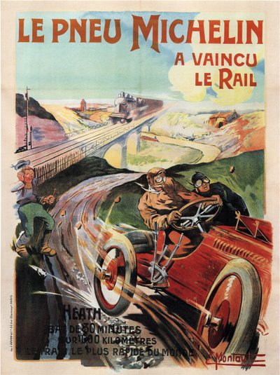 Samochód wyścigowy Panhard et levasor prowadzony wrzosami - Opony Michelin (Pneu) - Montaut, Ernest (1879-1909) - 1905 - Kolorowa litografia - Kolekcja prywatna autorstwa Ernest Montaut