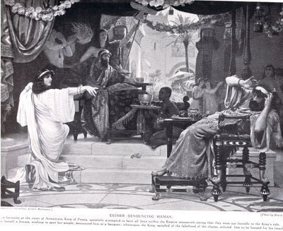 Estera potępiająca Hamana, ilustracja z "Hutchinsons History of the Nations", ok. 1910 r. autorstwa Ernest Normand