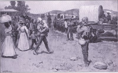 Brytyjscy żołnierze asystujący uchodźcom burskim, ilustracja z filmu After Pretoria: The Guerilla War, 1902 autorstwa Ernest Prater