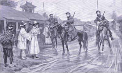 Kozacy zbierają informacje od koreańskiego jeńca, ilustracja z Cassells History of the rosyjsko-japońskiej wojny t. 1, ok. 1900 autorstwa Ernest Prater