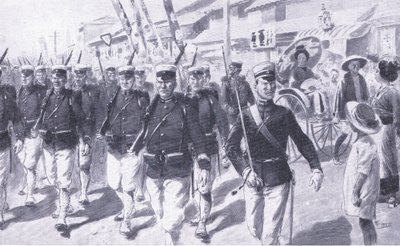 Japoński marsz przez Tokio, ilustracja z Historii wojny rosyjsko-japońskiej w Cassells, t. 1, ok. 1900 autorstwa Ernest Prater