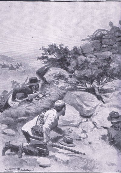 Podstęp, za pomocą którego Burowie zdobyli „Pom Pom”, z książki After Pretoria: The Guerilla War wydanej przez Harmsworth Bros Limited autorstwa Ernest Prater