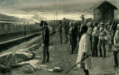„Pociąg przewożący szczątki pana Rhodesa pozdrawiany przez strażników bloku”, 1902. autorstwa Ernest Prater