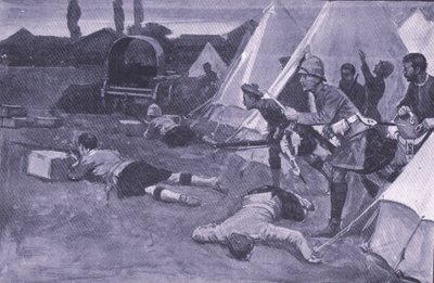 Atak na brytyjski obóz na rynku Jacobsdal, ilustracja z filmu After Pretoria: The Guerilla War, 1902 autorstwa Ernest Prater