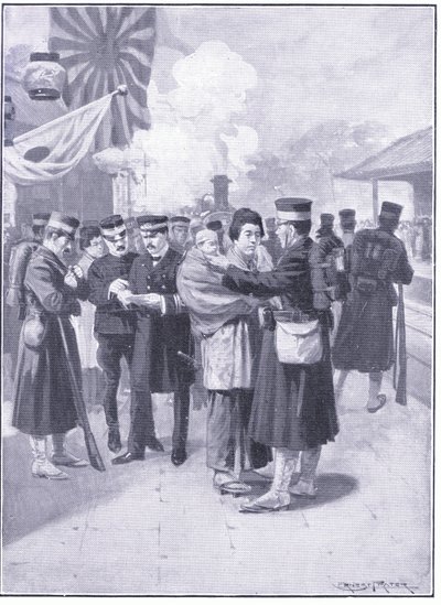 Żołnierze opuszczają Tokio, ilustracja z Cassells History of the rosyjsko-japońskiej wojny t. 1, ok. 1900 autorstwa Ernest Prater