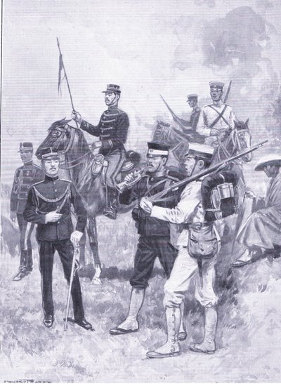 Typy żołnierzy japońskich, ilustracja z Historii wojny rosyjsko-japońskiej w Cassells, t. 1, ok. 1900 autorstwa Ernest Prater