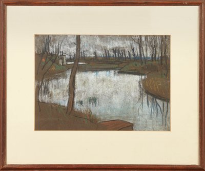 Most Lille i Zachodnia Fosa (pastel na brązowym papierze) autorstwa Ernest Procter