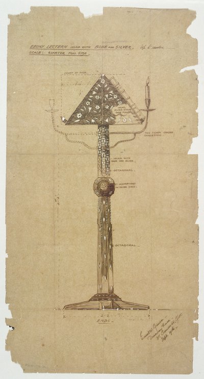 Projekt hebanowej mównicy inkrustowanej kością i srebrem dla kościoła św. Andrzeja, Roker 1906 (pióro i atrament na papierze) autorstwa Ernest William Gimson