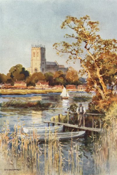 Christchurch Priory z Wick Ferry (kolor lito) autorstwa Ernest William Haslehust