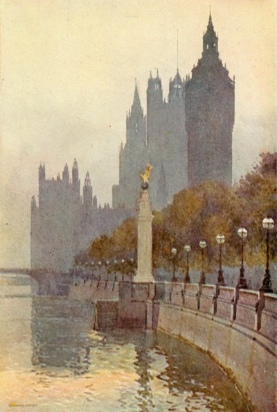 Domy Parlamentu od Embankment (kolor lito) autorstwa Ernest William Haslehust