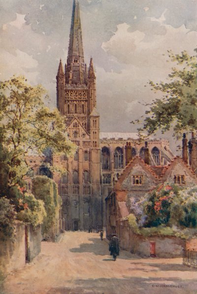 The Cathedral Precincts, Norwich (kolor lito) autorstwa Ernest William Haslehust