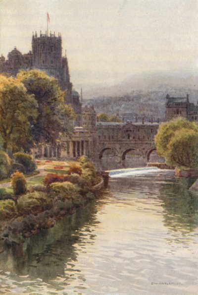 Widok z mostu North Parade, Bath (kolor lito) autorstwa Ernest William Haslehust