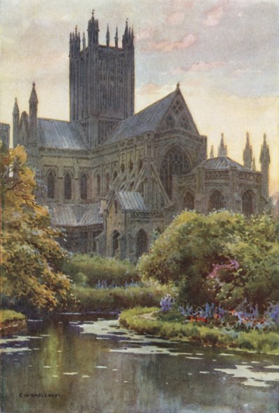 Wells Cathedral from the Springs (kolor lito) autorstwa Ernest William Haslehust