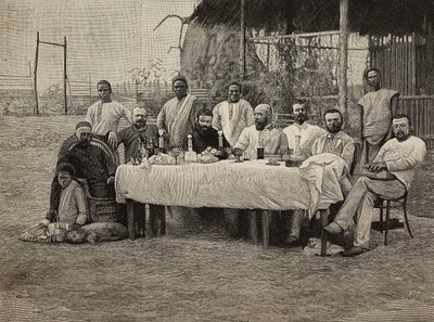 Bankiet społeczeństwa przeciw niewolnictwu w konsulacie włoskim w Boma, Demokratyczna Republika Konga, rycina Ernesto Mancastropa z fotografii Giuseppe Corona, z L