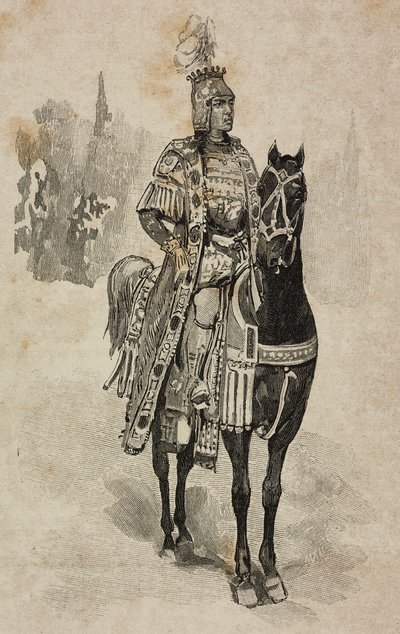 Książę Aosty Emanuele Filiberto Sabaudii w stroju Umberto Biancamano na turnieju w Villa Borghese z okazji srebrnego ślubu Umberto I i Małgorzaty Sabaudzkiej, Rzym, Włochy autorstwa Ernesto Mancastroppa