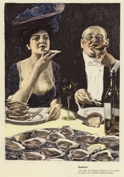 Jedzenie ostryg w restauracji (kolor litho) autorstwa Ernst (after) Heilemann