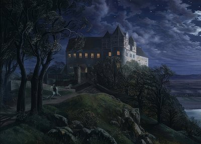 Zamek Scharfenberg w nocy. 1827 autorstwa Ernst Ferdinand Oehme