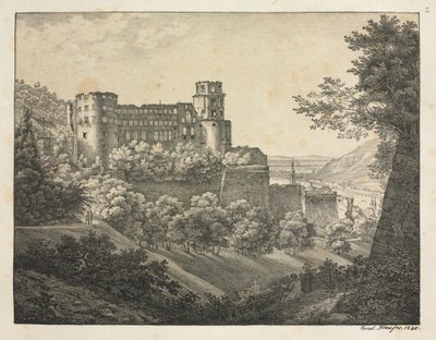 Sześć widoków zamku w Heidelbergu: w kierunku północno-wschodnim, 1820 r. autorstwa Ernst Fries